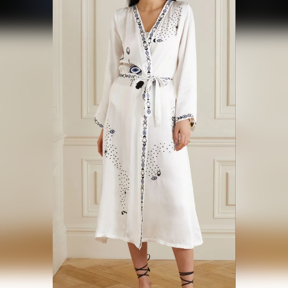 WOMEN'S LESLIE AMON Evil Eye Belted Embroidered Satin Robe Kimono Sz XL $565